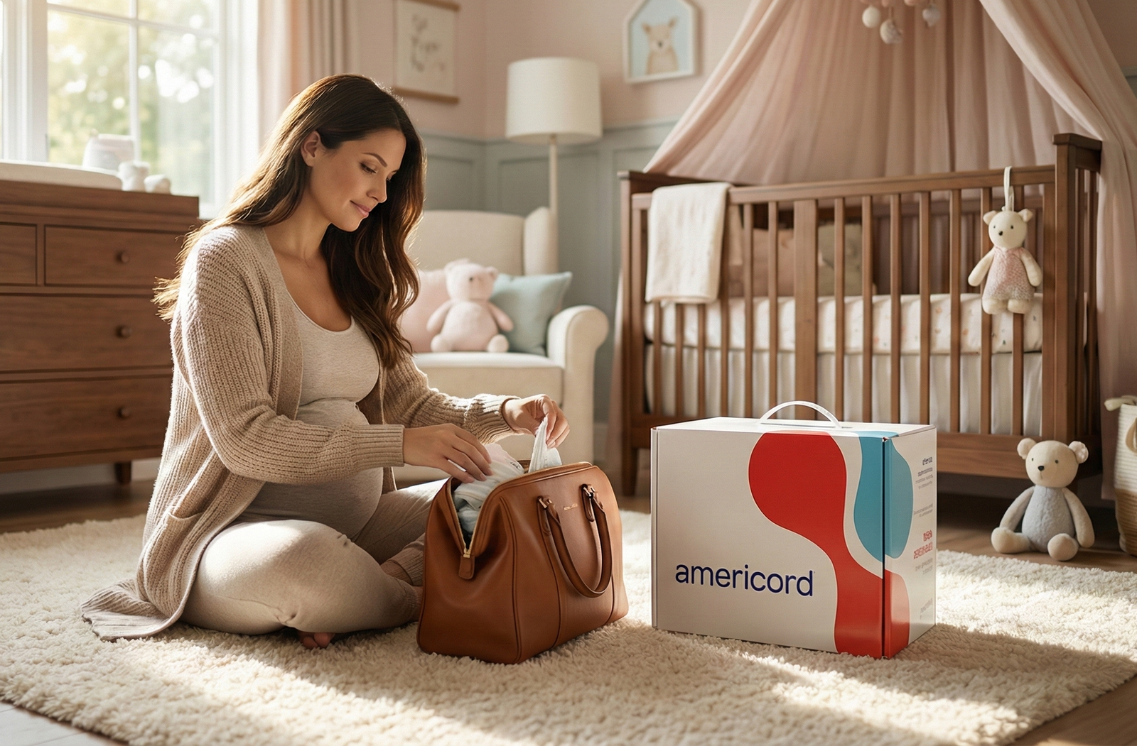 Pregnant woman packing hospital bag next to Americord cord blood collection kit